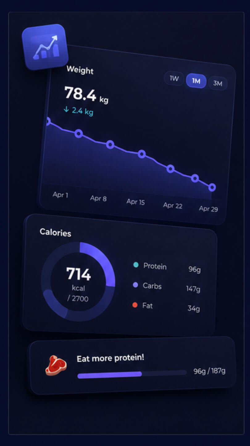 Progress Tracking Features weight and calories and protein tracking